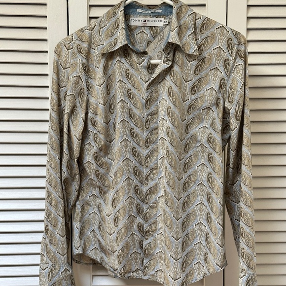 Vintage Tommy Hilfiger Jeans Snap Closure Blouse Denim Print Fits Larger - Picture 1 of 10